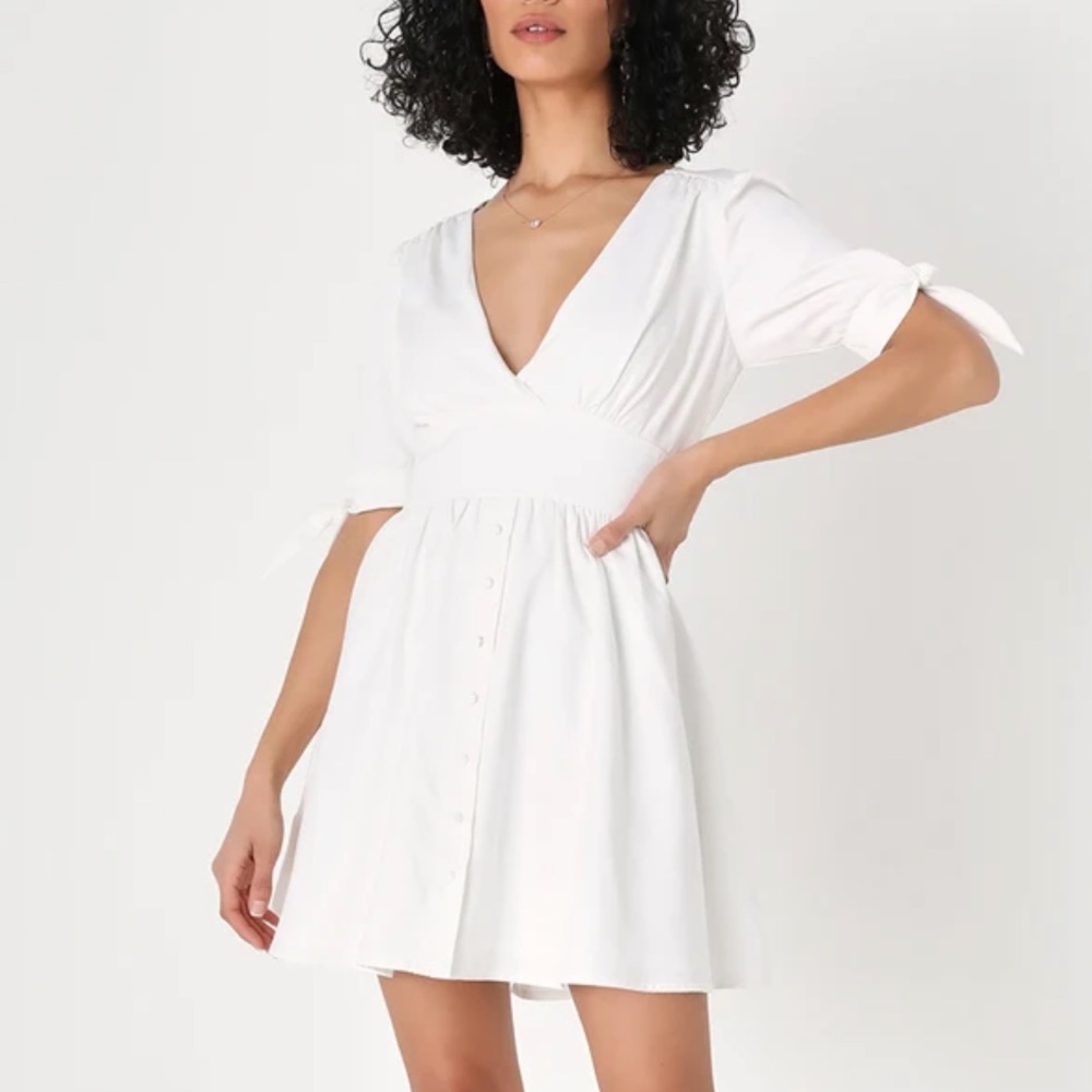 Lulu’s Absolutely Sweet White Button-Up Short Sleeve Mini Dress